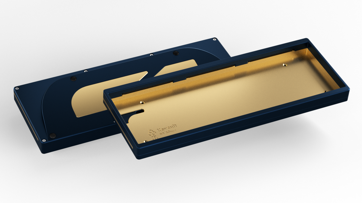 render of a Keycult No. 1 / 60 with a navy case and brass mid