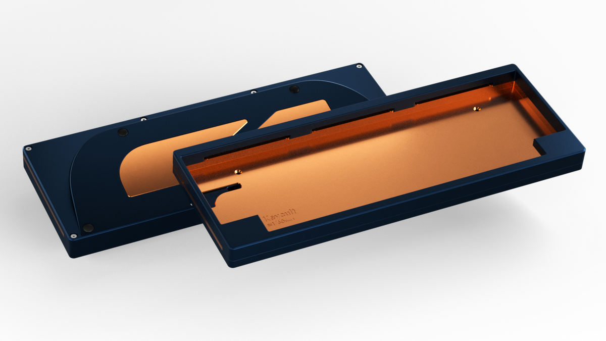 render of a Keycult No. 1 / 60 with a navy case and copper mid