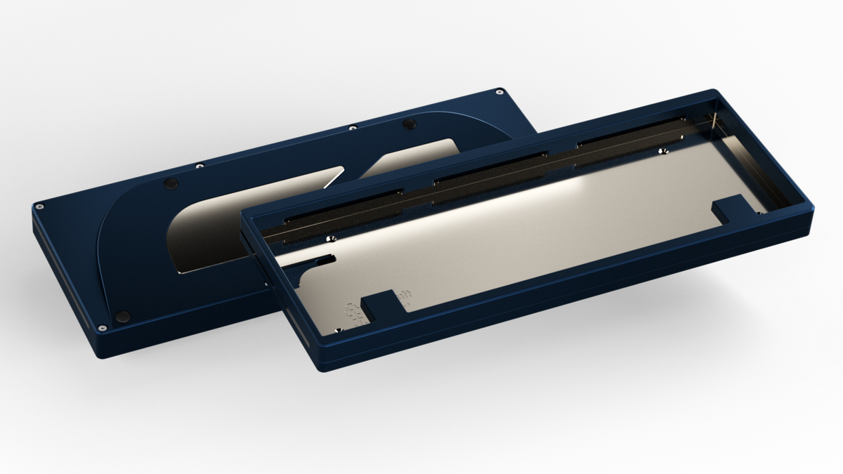 render of a Keycult No. 1 / 60 with a navy case and polished stainless steel mid